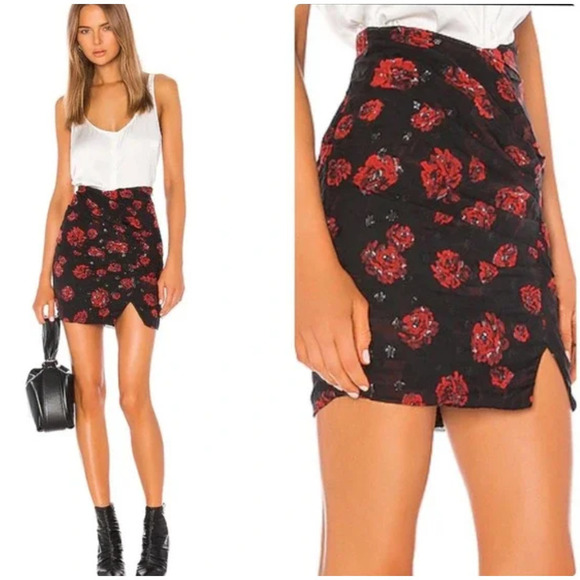 NWT IRO Bootable Roses Mini Skirt Women's Black Red Size 8 EU 40 - Picture 1 of 8